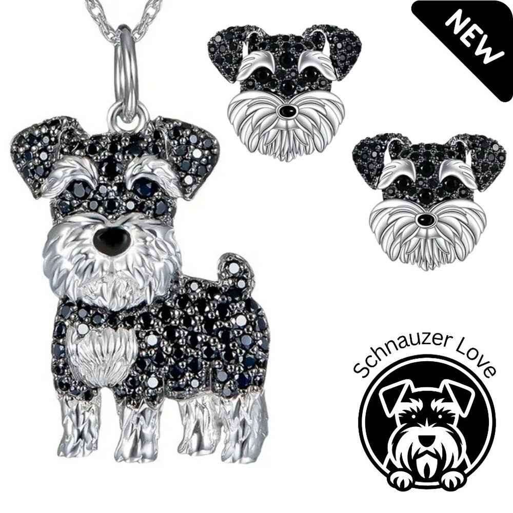 SET - Earrings & Necklace  Schnauzer Dog Lover CZ Sterling Silver Rhinestone NEW